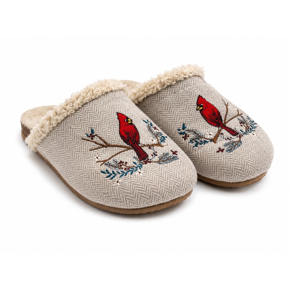 Lands' End Cardinal Embroidered Felt Scuff Slippers Women's Size 8-8.5